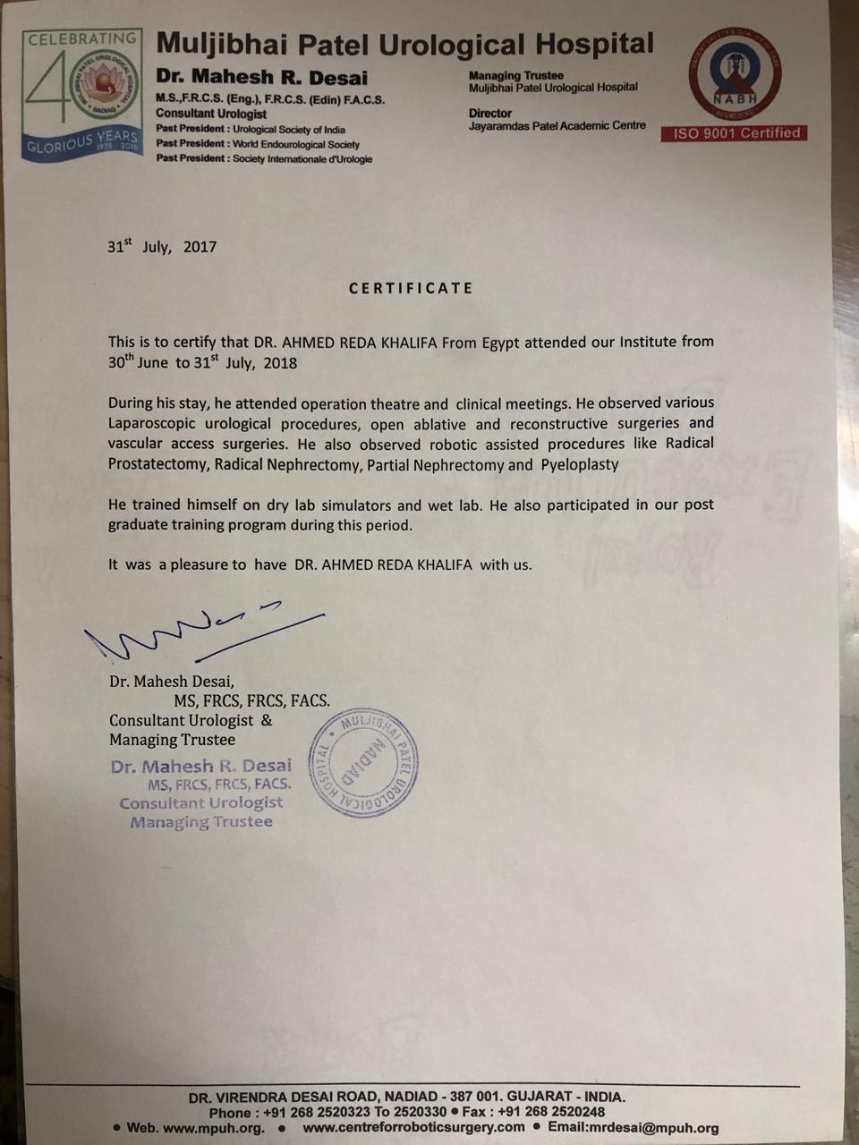 Muljibhai Patel Robotic Surgery Certificate